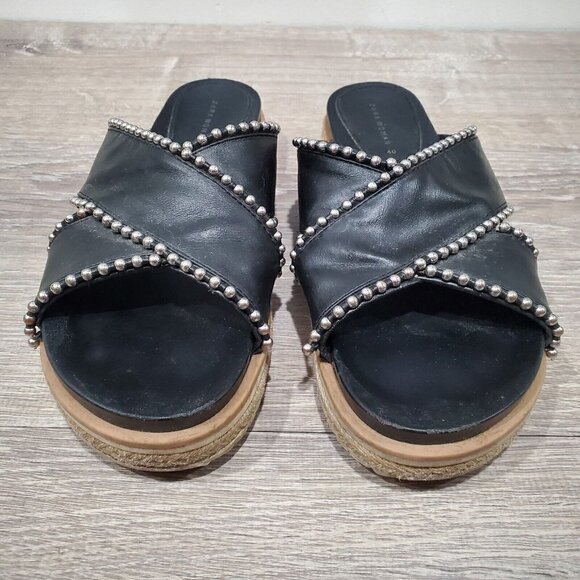Zara Black Silver Studded Cross Strap Slides Womens 9 Open Toe Slip On Sandals - Picture 2 of 15